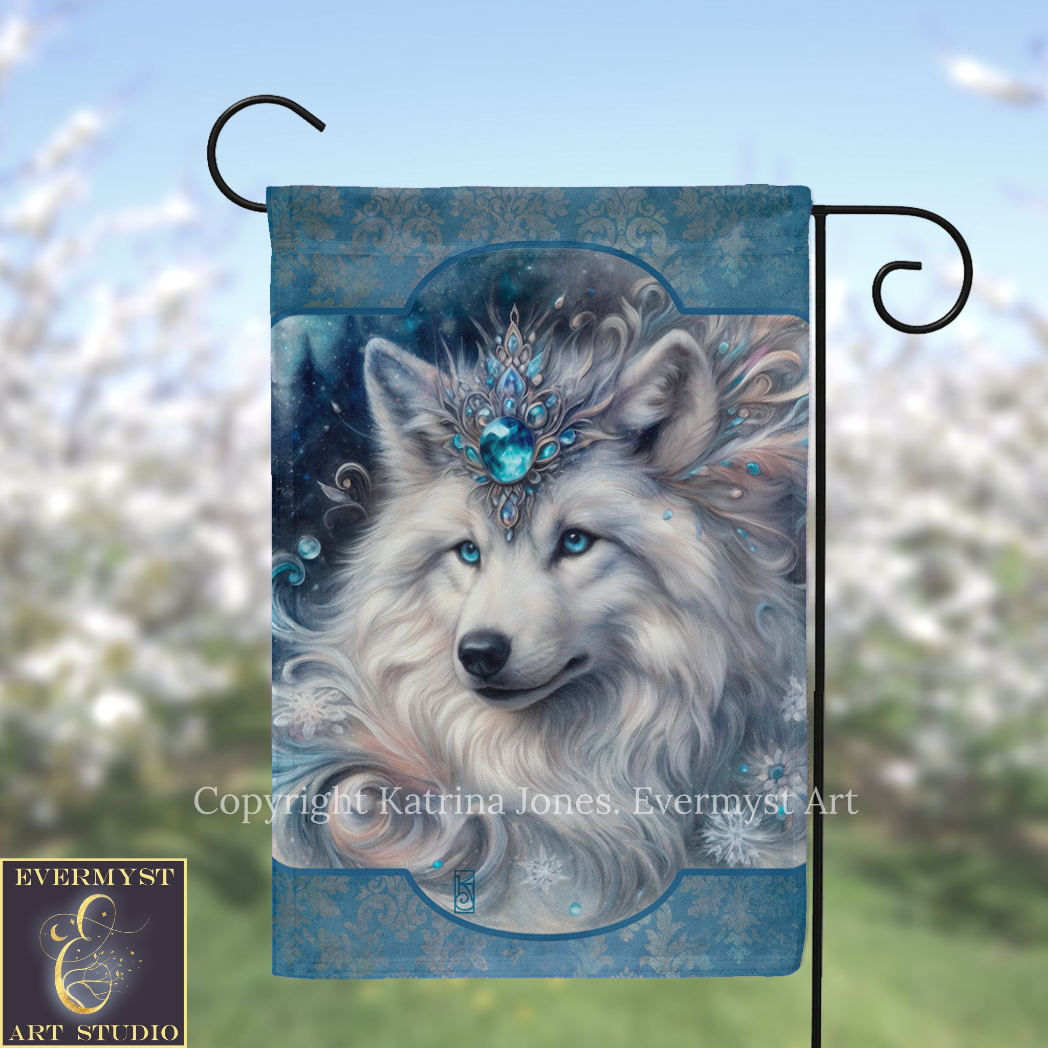 A flag featuring a close-up of a wolf's face with a crown of jewels, set against a blue background with a floral pattern.