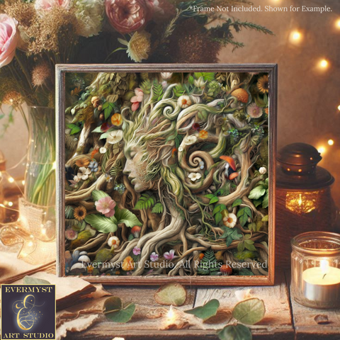 The image is a framed artwork depicting a detailed, intricate forest scene with a woman's face surrounded by various plants and flowers.