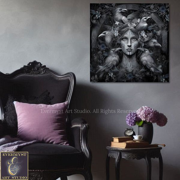 a black armchair with a pink pillow, a small side table with a vase of purple flowers, and a framed artwork depicting a woman with a bird-like headdress.