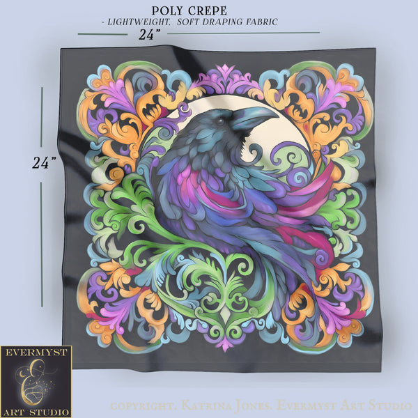 The image is a square with a large, colorful bird, possibly a crow, surrounded by intricate, ornate designs in shades of purple, green, and orange. The bird appears to be in flight, with its wings spread wide. The background is black, providing a stark contrast to the vibrant colors of the bird and the designs. The image is described as a "24" by "24" square, which indicates that it is a square with a side length of 24 units.