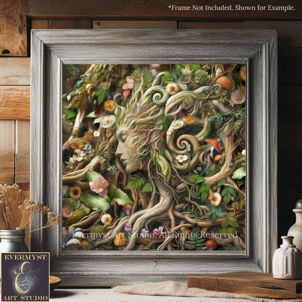 The image is a framed artwork depicting a lush, verdant forest scene with a prominent tree trunk and branches. The artwork is framed in a wooden frame and is displayed on a wooden shelf.