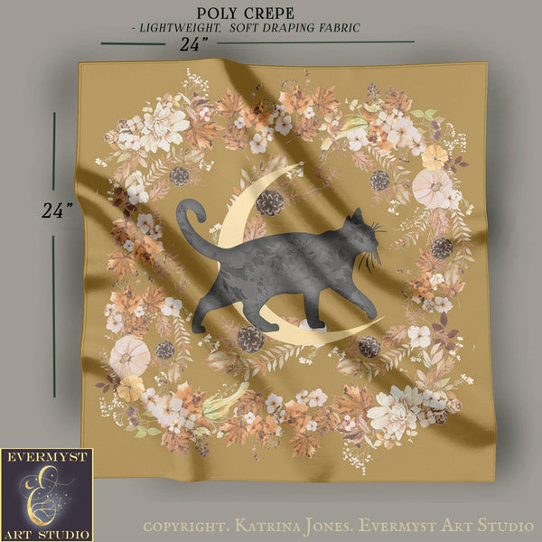 The image is a square with a black cat silhouette and a crescent moon design, surrounded by a wreath of flowers and leaves.