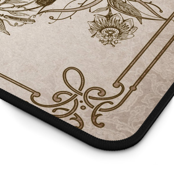a close-up view of a decorative pattern on a surface, which appears to be a piece of fabric or a mat. The pattern consists of various floral and ornamental elements, such as leaves, flowers, and swirls, creating an intricate and visually appealing design.