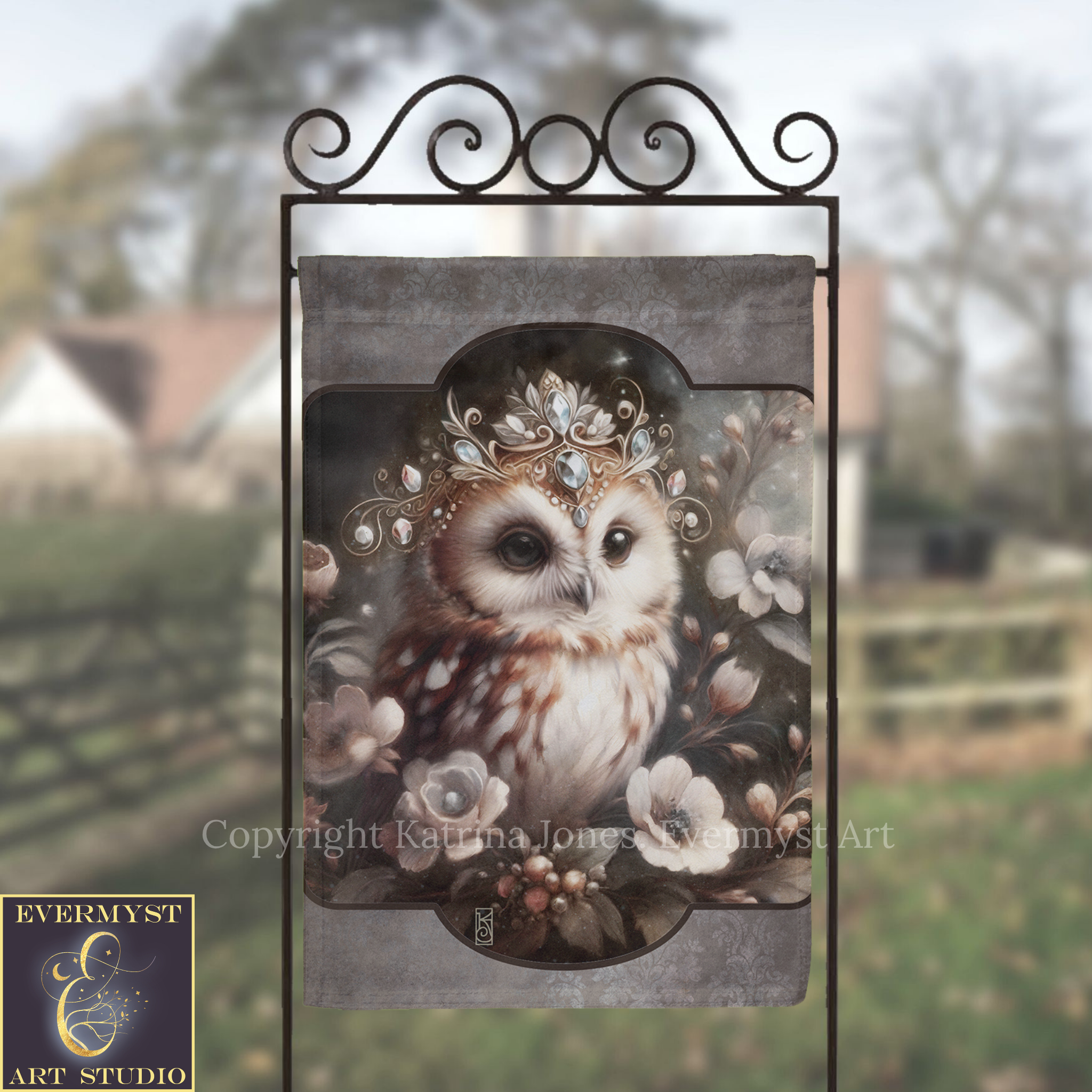 a close-up of an owl wearing a crown of flowers, with a blurred background of trees and a house.
