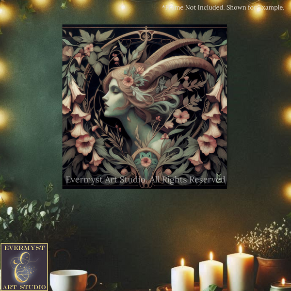 a large, ornate, and intricately designed portrait of a woman with horns, surrounded by floral elements and lit candles, creating a mystical and ethereal atmosphere.