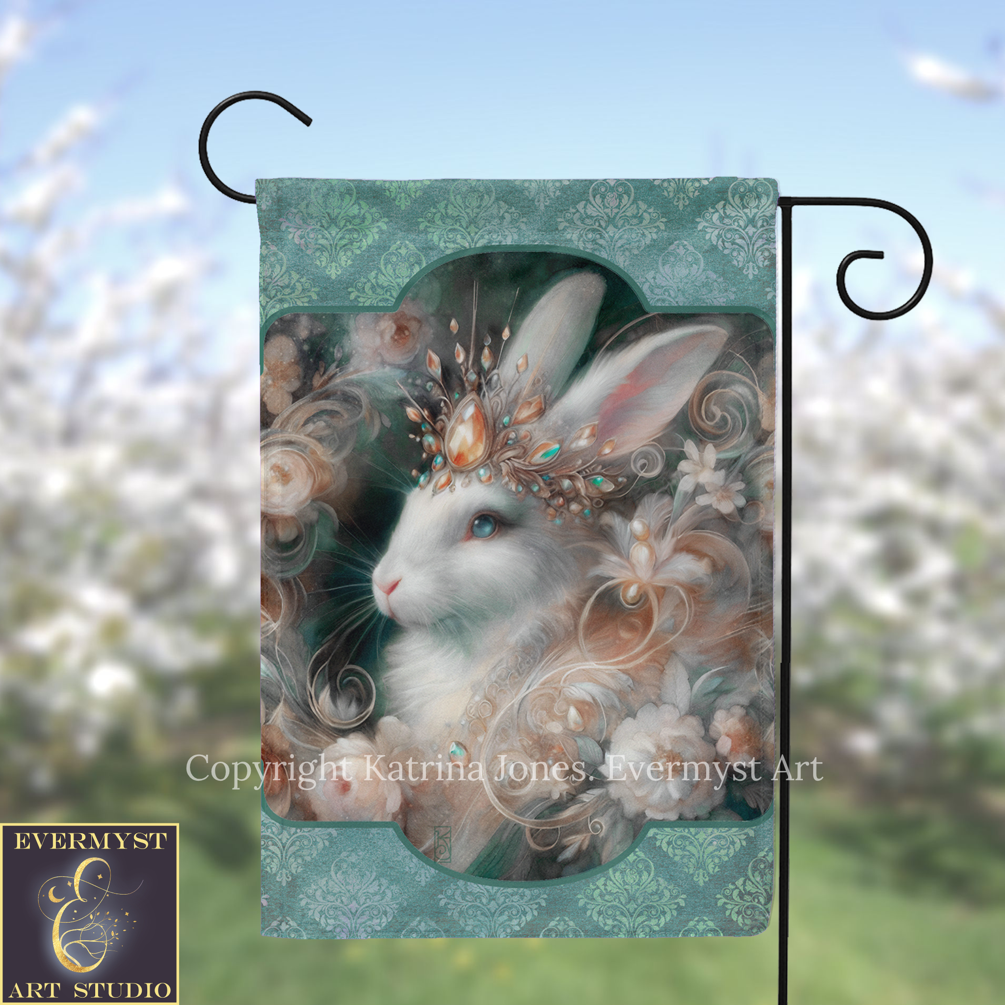 A decorative Easter bunny garden flag with a floral pattern and a large, detailed image of a white rabbit wearing a crown and surrounded by flowers.