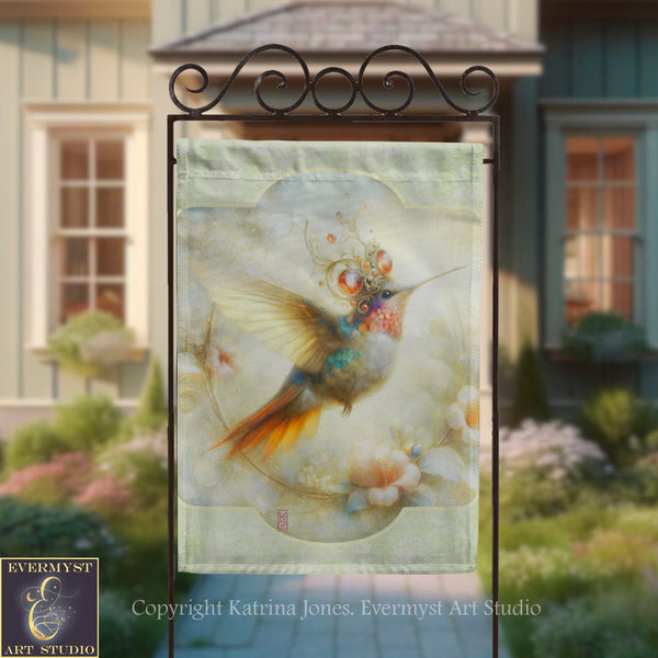 a colorful hummingbird with a long beak and vibrant feathers, set against a backdrop of flowers and greenery.