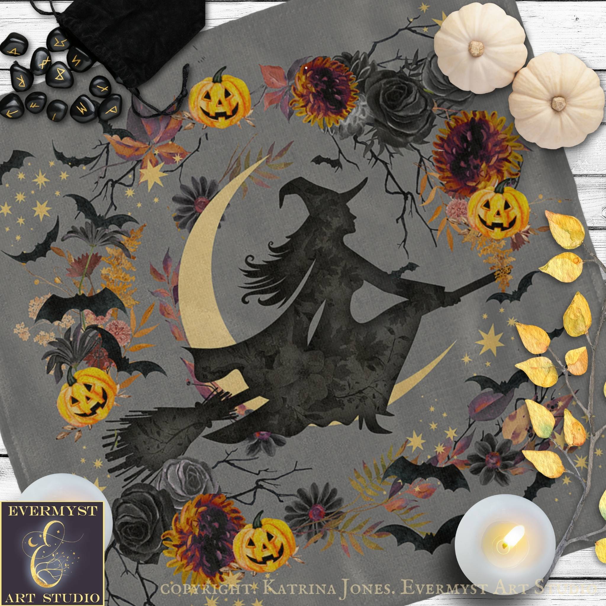 a witch riding a broomstick, surrounded by Halloween-themed elements such as pumpkins, bats, flowers, and leaves.