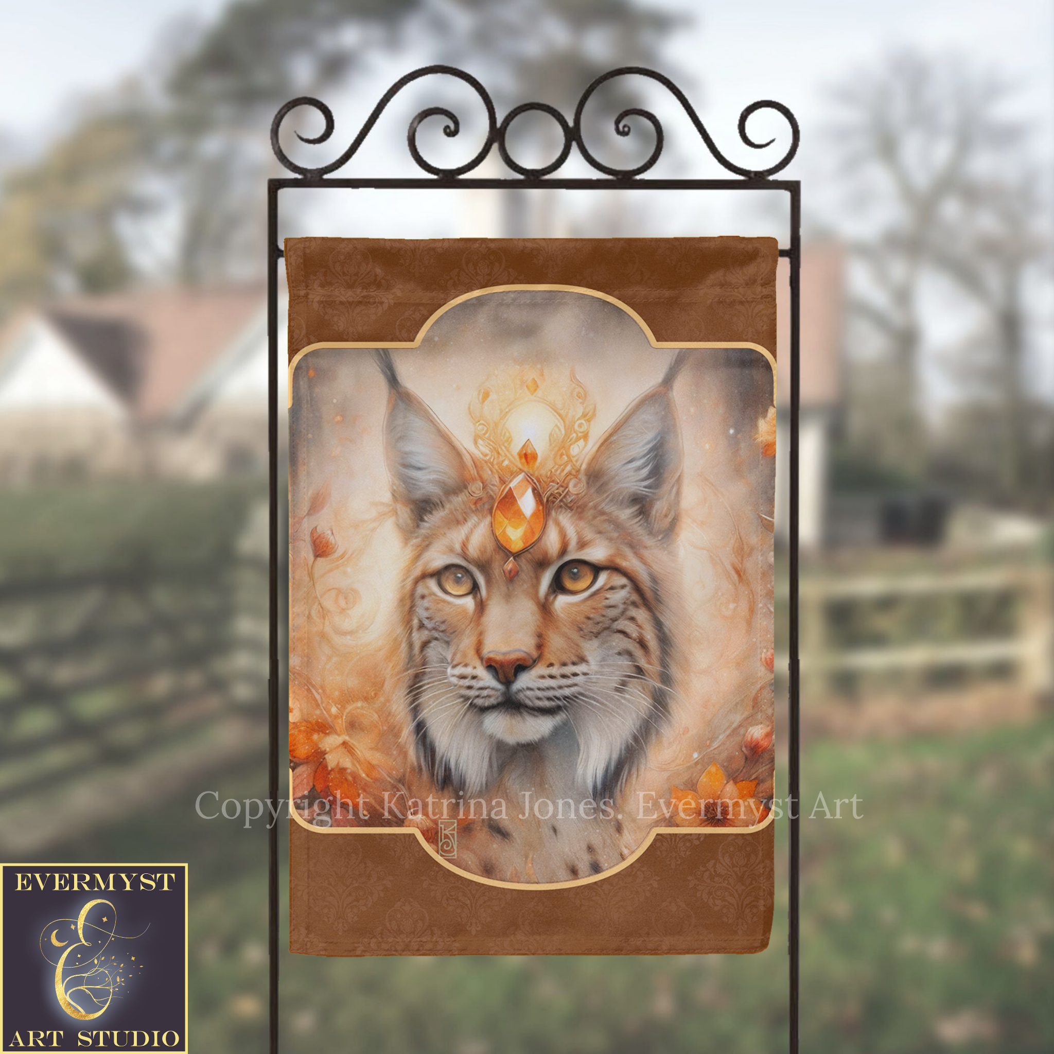 a banner with a close-up of a cat's face, adorned with a crown and a gemstone, set against a blurred background of a garden or outdoor setting.