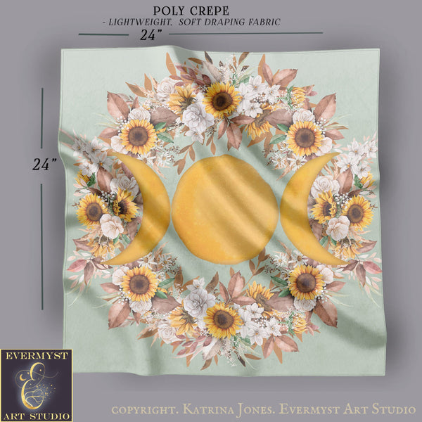 The image is a square with a floral design featuring sunflowers, crescent moons, and a large yellow circle in the center.