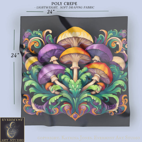 The image is a vibrant and colorful illustration of a group of mushrooms, featuring intricate patterns and designs.