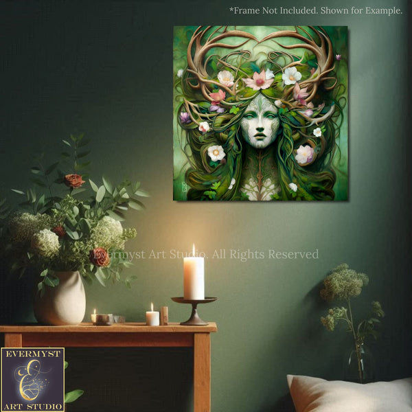 a large, colorful painting of a woman with a floral headdress, displayed on a wall above a wooden table with a vase of flowers and candles.