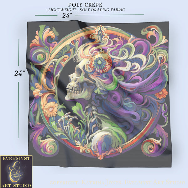 The image is a vibrant and intricate digital artwork depicting a colorful, ornate design with a central figure resembling a skull surrounded by swirling patterns and floral elements. The artwork is described as a "Poly Crepe" with a "Lightweight, Soft Draping Fabric" size of 24" and is presented by Evermyst ART Studio.