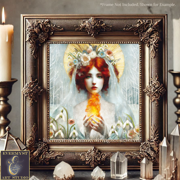 a framed painting of a woman with red hair and a white veil, holding a yellow flower, surrounded by flowers and a halo. The painting is displayed in an ornate gold frame, and there are crystal objects and candles in the background.