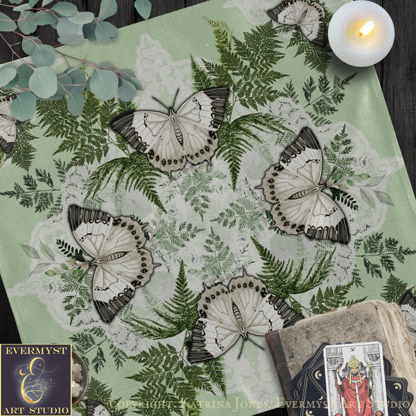 Altar Cloth with Butterflies Ferns Botanical Green Tarot Reading Mat