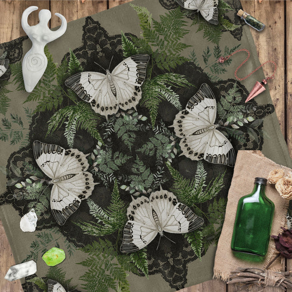 Altar Cloth with Butterflies Ferns Botanical Olive Green Tarot Reading Mat