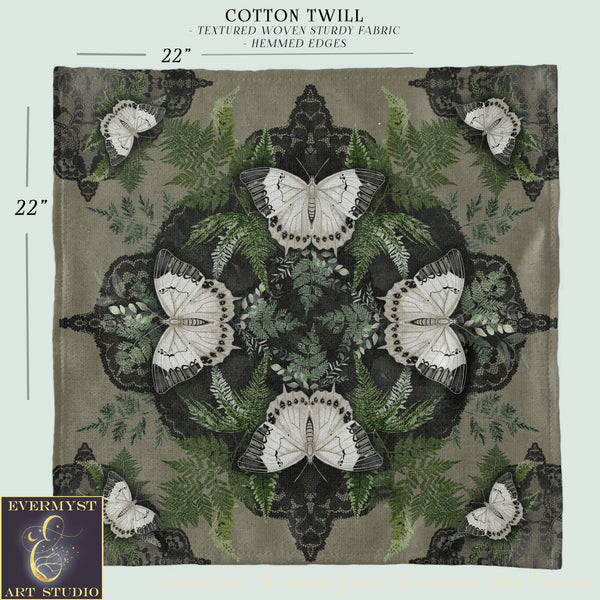 Altar Cloth with Butterflies Ferns Botanical Olive Green Tarot Reading Mat