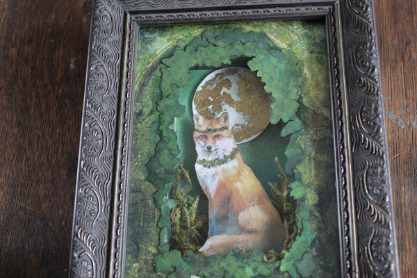 Original Art - Gilded Grove Fox Framed Mixed Media  Art | 3D Cut Paper Assemblage Shadow Box