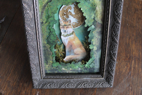 Original Art - Gilded Grove Fox Framed Mixed Media  Art | 3D Cut Paper Assemblage Shadow Box