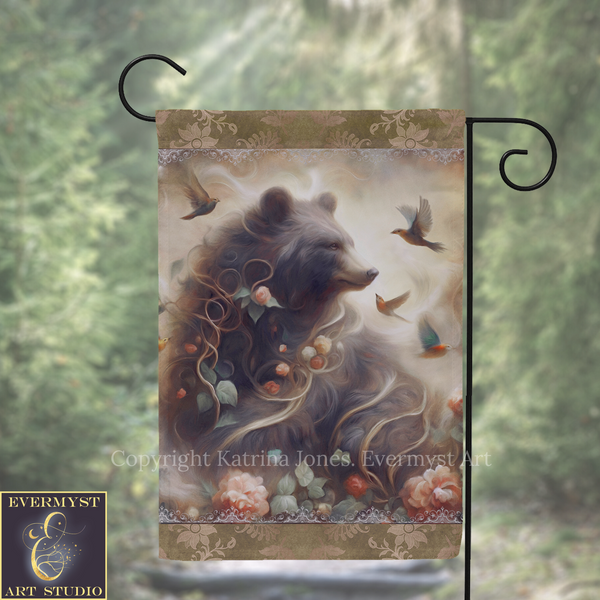 A banner featuring a large, detailed illustration of a bear surrounded by flowers and birds.