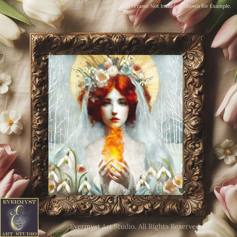 The image is a framed artwork depicting a woman with red hair and a white veil, holding a fire-like object, surrounded by flowers and a snowy landscape.