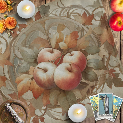 a table topped with candles and apples on top of a table