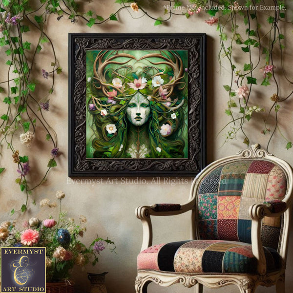 a framed artwork of a woman with a green, floral headdress, surrounded by a lush, natural environment. The artwork is displayed on a wall, with a patchwork chair positioned in front of it.