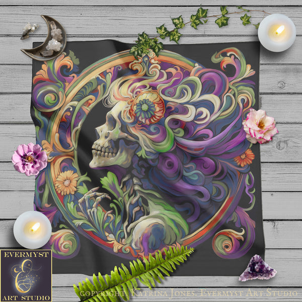 The image is a vibrant and intricate artwork featuring a colorful, floral-inspired design with a skull motif. Surrounding the artwork are various objects, including candles, flowers, and crystals, creating a visually striking and harmonious composition.