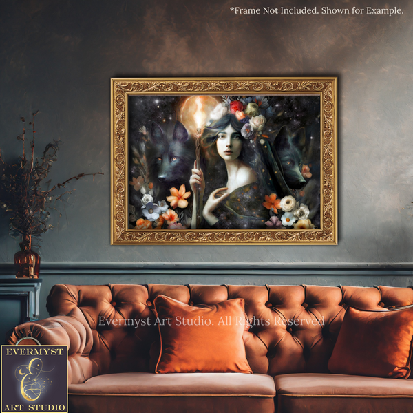 a large framed painting of a woman with a wolf on her shoulder, set against a dark background with a full moon. The painting is hung on a wall above a brown tufted sofa, which is decorated with orange and red throw pillows.