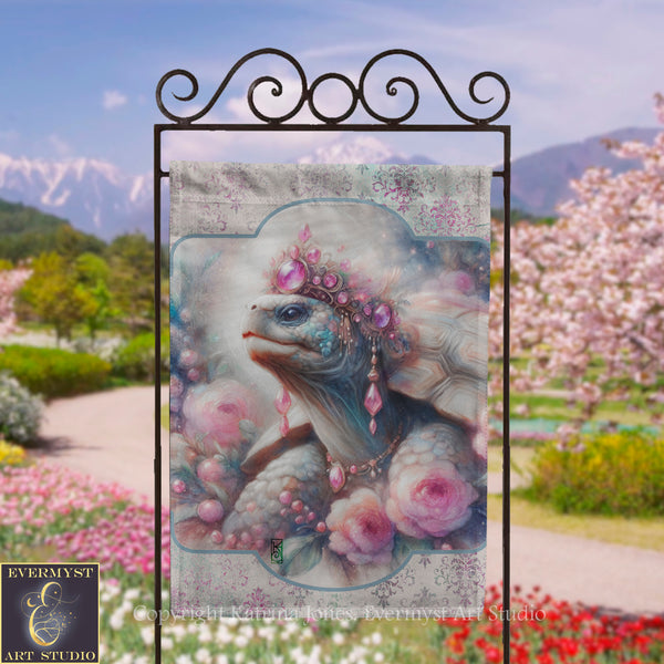 a garden scene with a large, colorful dragon-like creature adorned with flowers and jewels, standing in a field of blooming flowers.