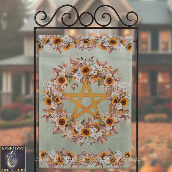 a banner with a floral design and a star, hanging on a metal stand.