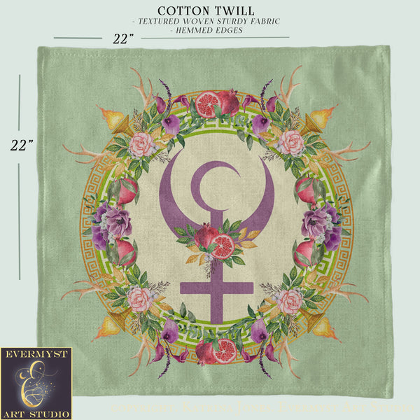 The image is a square print featuring a floral design with a crescent moon symbol in the center, surrounded by various flowers and leaves. The print is described as a "Cotton Twill" with a textured woven fabric and a "HEMMED EDGES" pattern.