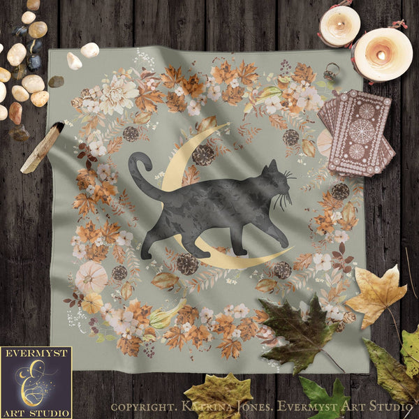 a black cat silhouette against a floral background, surrounded by autumn leaves and other natural elements.