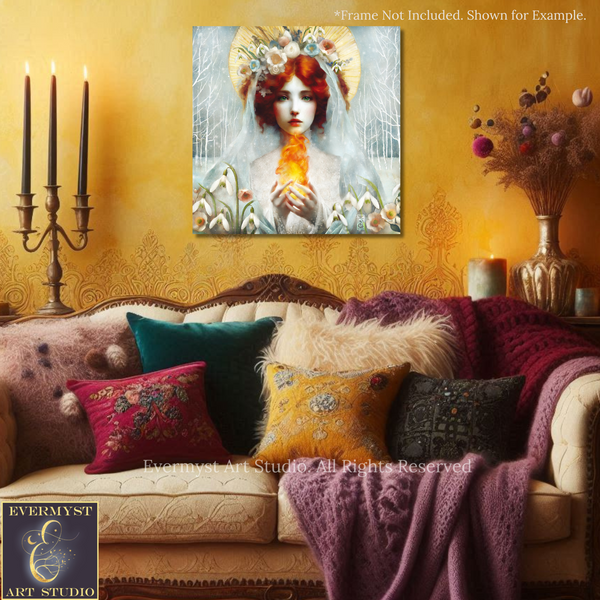 a cozy living room with a large, ornate couch adorned with colorful throw pillows. Above the couch, a framed painting of a woman with red hair and a halo is displayed on the wall. The room also includes a candelabra, a vase of flowers, and a fireplace, creating a warm and inviting atmosphere.