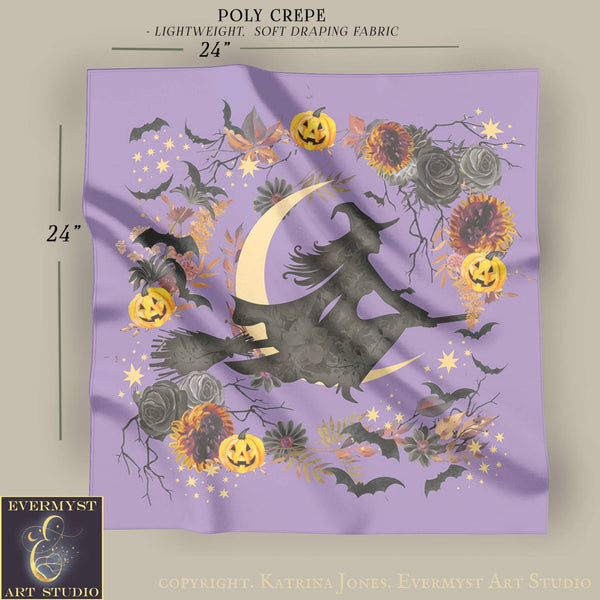 The image is a square-shaped piece of fabric with a Halloween-themed design featuring a witch on a broomstick, pumpkins, flowers, and bats.