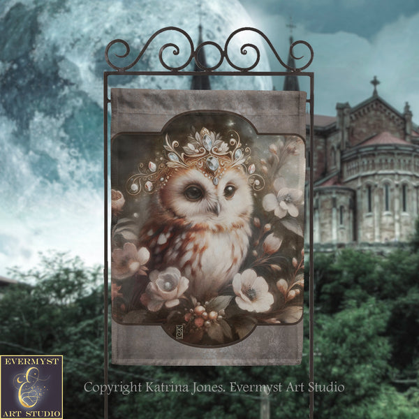 a banner with an owl wearing a crown and surrounded by flowers, set against a backdrop of a castle or cathedral.