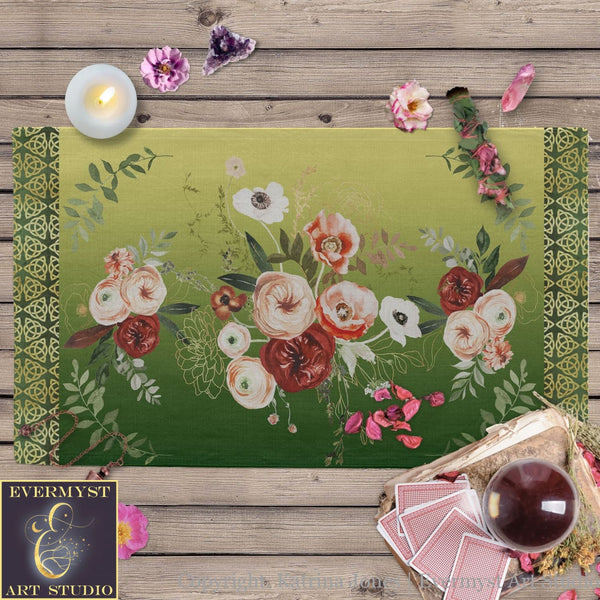 a place mat with flowers on a wooden table