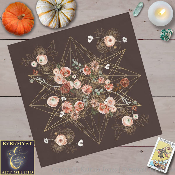 Altar Cloth Tarot Floral Geometric Grid On Dark Brown Square