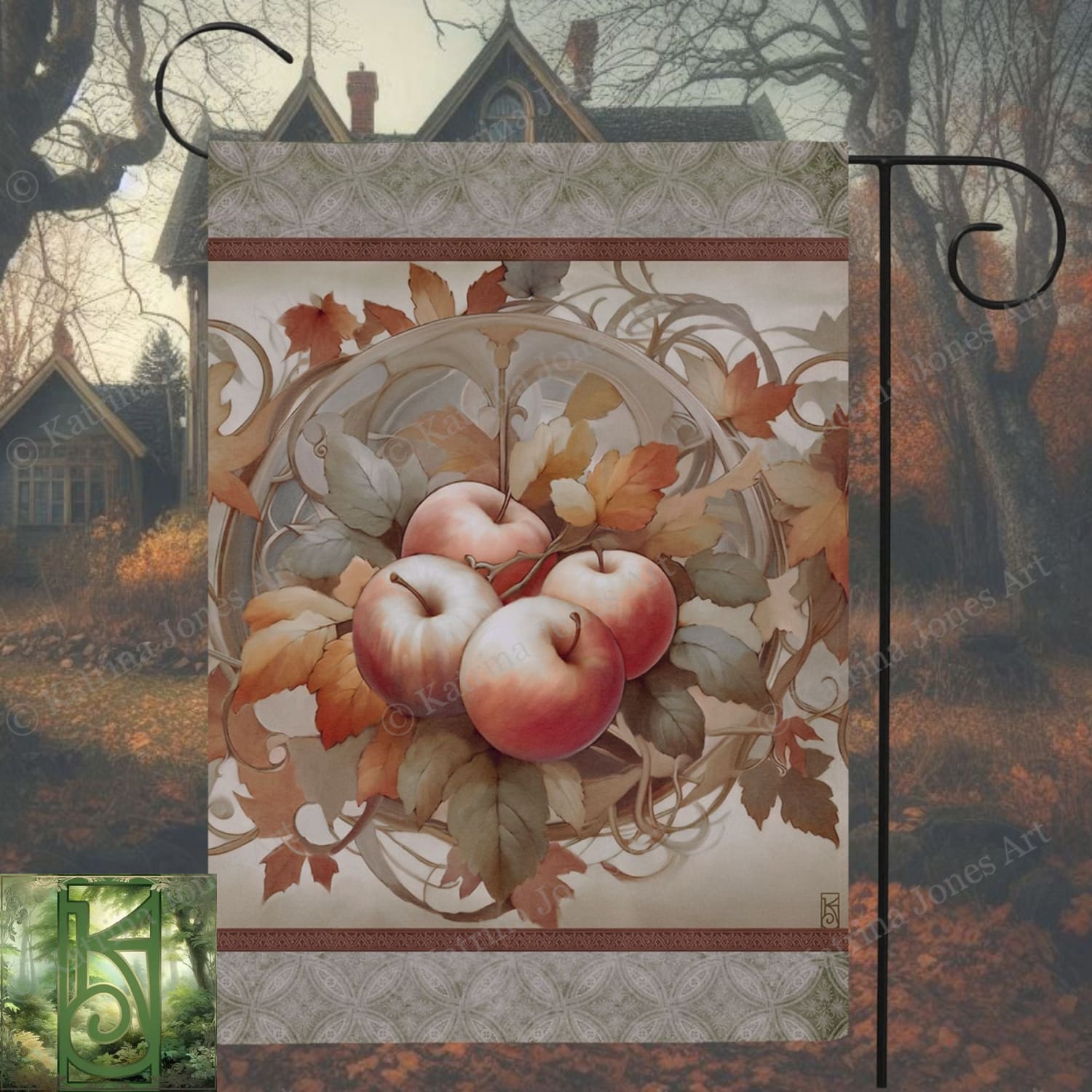 a painting of apples with leaves and a house in the background