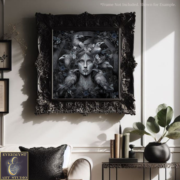 a large, ornate black frame hanging on a wall, with a black and white illustration of a woman's face surrounded by birds. The frame is placed above a small table with a plant and some books.
