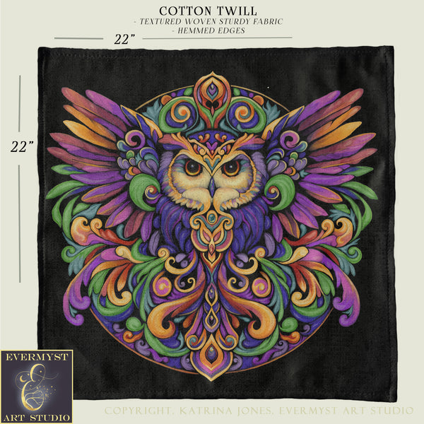 The image is a vibrant and intricate design featuring a colorful owl with detailed feathers and patterns.