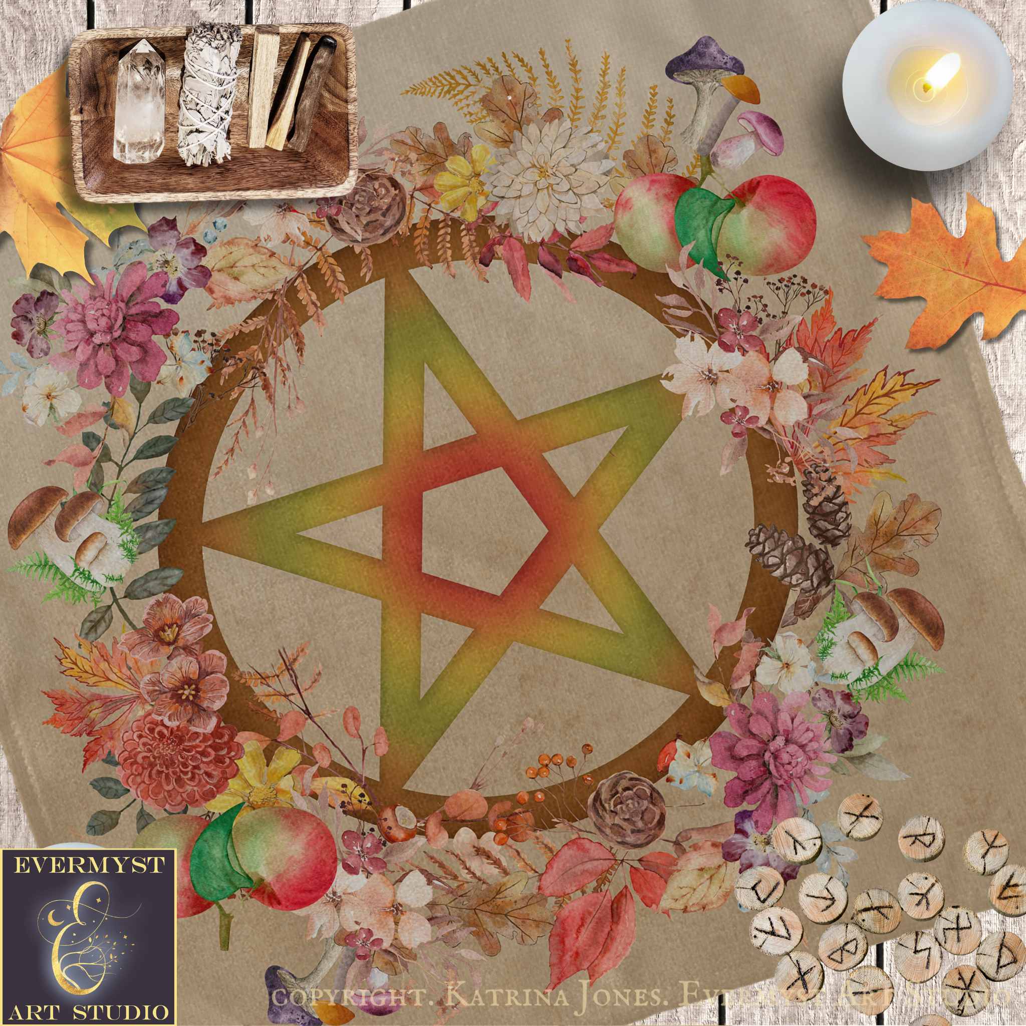 The image is a collage featuring a large star-shaped symbol surrounded by a wreath of colorful flowers, autumn leaves, and various other natural elements. The image also includes a candle, crystals, and a collection of wooden beads.