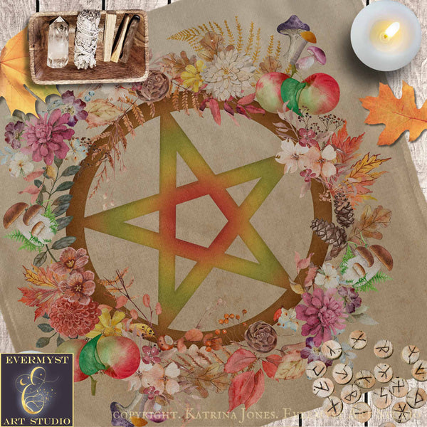 The image is a collage featuring a large star-shaped symbol surrounded by a wreath of colorful flowers, autumn leaves, and various other natural elements. The image also includes a candle, crystals, and a collection of wooden beads.