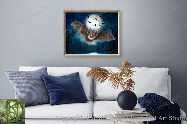 Vespertine Bat Moon Canvas Print Wall Art Decor Original Painting Fantasy Dark Academia Gothic