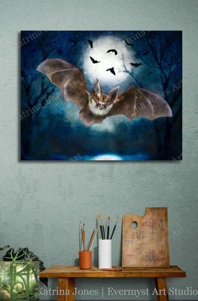 Vespertine Bat Moon Canvas Print Wall Art Decor Original Painting Fantasy Dark Academia Gothic