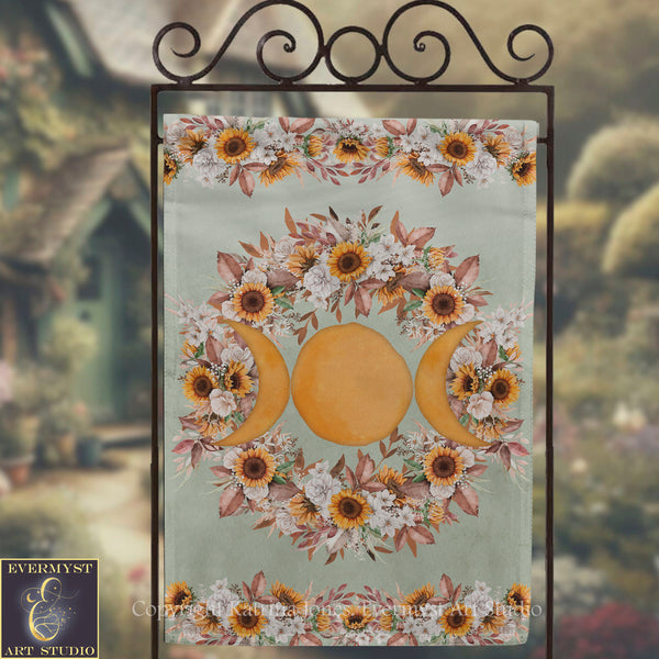 a banner with a floral design and three sunflowers, with a large yellow circle in the center.