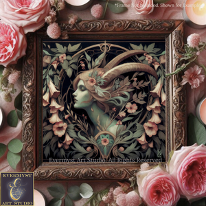 a framed artwork depicting a woman with horns surrounded by floral elements, including pink roses and greenery.