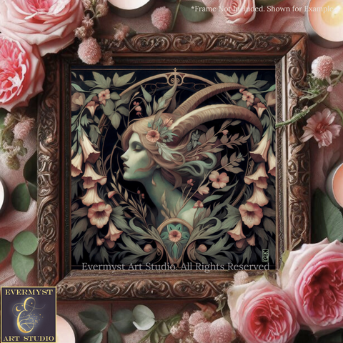 a framed artwork depicting a woman with horns surrounded by floral elements, including pink roses and greenery.