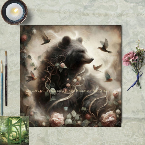 a painting of a bear surrounded by flowers and birds