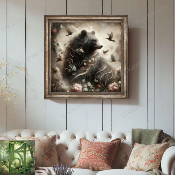 a living room with a couch and a painting on the wall